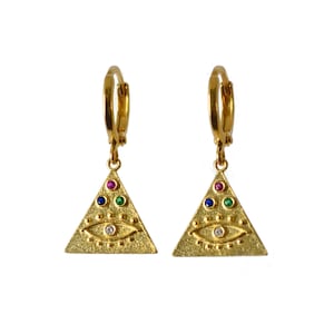Evil eye cz gold hoops, gold charm hoops, evil eye hoops, evil eye huggies, cz huggies, cz hoops, gold evil eye cz hoops, charm hoops