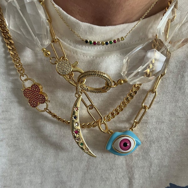 Evil eye chunky necklace, gold evil eye necklace, enamel evil eye necklace, blue evil eye necklace, XL evil eye necklace