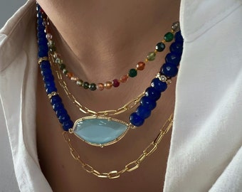 Gold gemstone necklace, gold agate necklace, agate beaded necklace, cat eye necklace, blue cat eye necklace, gemstone beaded necklace