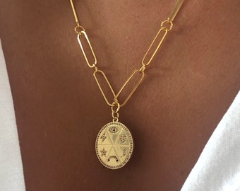 Celestial gold coin necklace, gold coin necklace, evil eye coin necklace, chunky chain gold necklace, gold coin necklace
