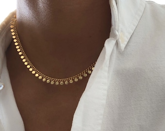 Gold chain necklace, gold chain choker, chain necklace, simple chain necklace, simple chain choker, gold coin chain necklace