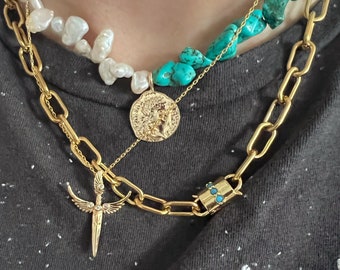 Collier mousqueton turquoise, collier mousqueton en or, collier mousqueton, collier mousqueton chunky, collier chunky