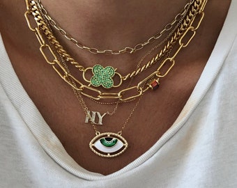 Gold CZ carabiner necklace, gold carabiner necklace, clover carabiner necklace, clover necklace, evil eye necklace, xl evil eye necklace