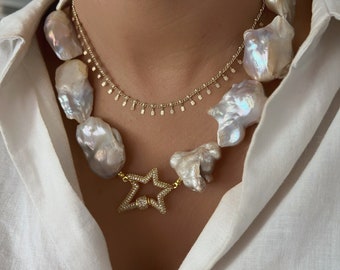 Collier de perles, collier de perles baroques, collier de perles, collier de perles d'or, collier mousqueton de perles, collier d'étoiles de perles