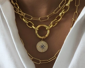 Gouden medaillon HALSKETTING, gouden karabijnhaak ketting, karabijnhaak ketting, gouden ster ketting, gouden karabijnhaak charme ketting, medaillon HALSKETTING