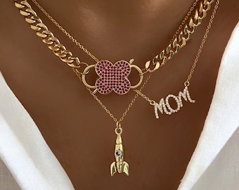 Gold carabiner necklace, gold CZ carabiner necklace, gold clover carabiner necklace, gold lock necklace, golc CZ lock necklace, carabiner