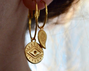 Evil eye coin hoops, gold evil eye coin hoops, evil eye hoops, gold evil eye earrings, evil eye coin earrings, gold evil eye creole