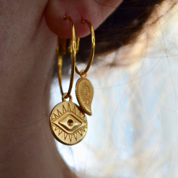 Evil eye coin hoops, gold evil eye coin hoops, evil eye hoops, gold evil eye earrings, evil eye coin earrings, gold evil eye creole