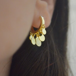 Gold coin hoops, small coin hoops, gold multi coin hoops, gold coin huggies, coin huggies, coin hoops, minimalist coin hoops