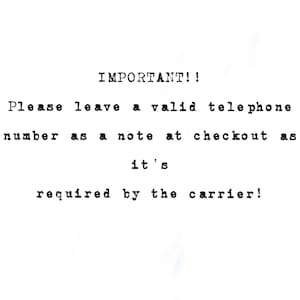 Puede incluir: Texto sobre un fondo blanco que dice: &iexcl;IMPORTANTE! Por favor, deje un n&uacute;mero de tel&eacute;fono v&aacute;lido como nota en el momento de la compra, ya que es necesario para el transportista.