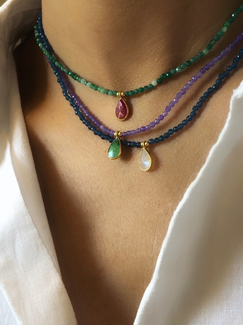 Gold Gemstone Necklace Gold Ruby Necklace Gold Moonstone Etsy UK