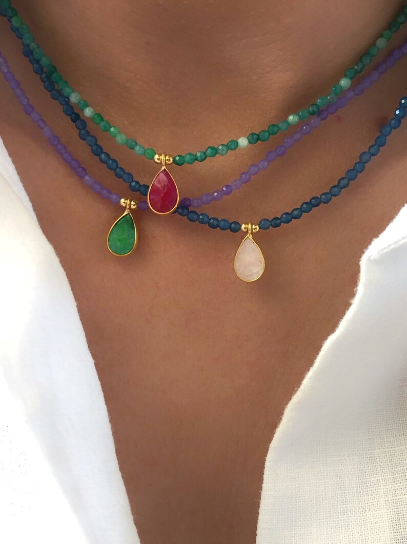 Gold Gemstone Necklace Gold Ruby Necklace Gold Moonstone Etsy UK