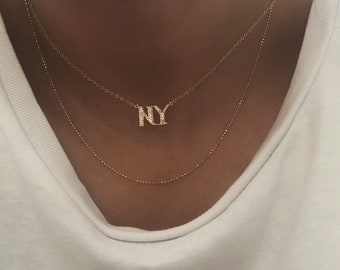 NY necklace, new york necklace, cz necklace, gold cz necklace, gold cz charm necklace