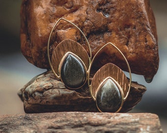 Golden Obsidian Earrings, Brass & Copper Earrings, Obsidian Ear Weights, Obsidian Ear Stretchers, Tribal Ear Weights, Boucles Obsidienne