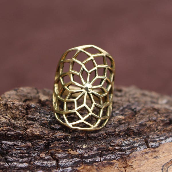 Star Of Life Brass Ring, Sacred Geometry Ring, Yoga Jewellery, Tribal Jewellery, Spiritual Ring, Handmade Ring, Bague Fleur De Vie