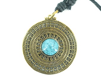 Turquoise Brass Pendant, Tribal Pendant, Mandala Pendant, Brass Necklace, Turquoise Necklace, Brass Turquoise Pendant