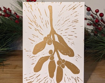 Hand-printed linocut 'Kiss me under the mistletoe' Christmas Card - A6 - Gold on White