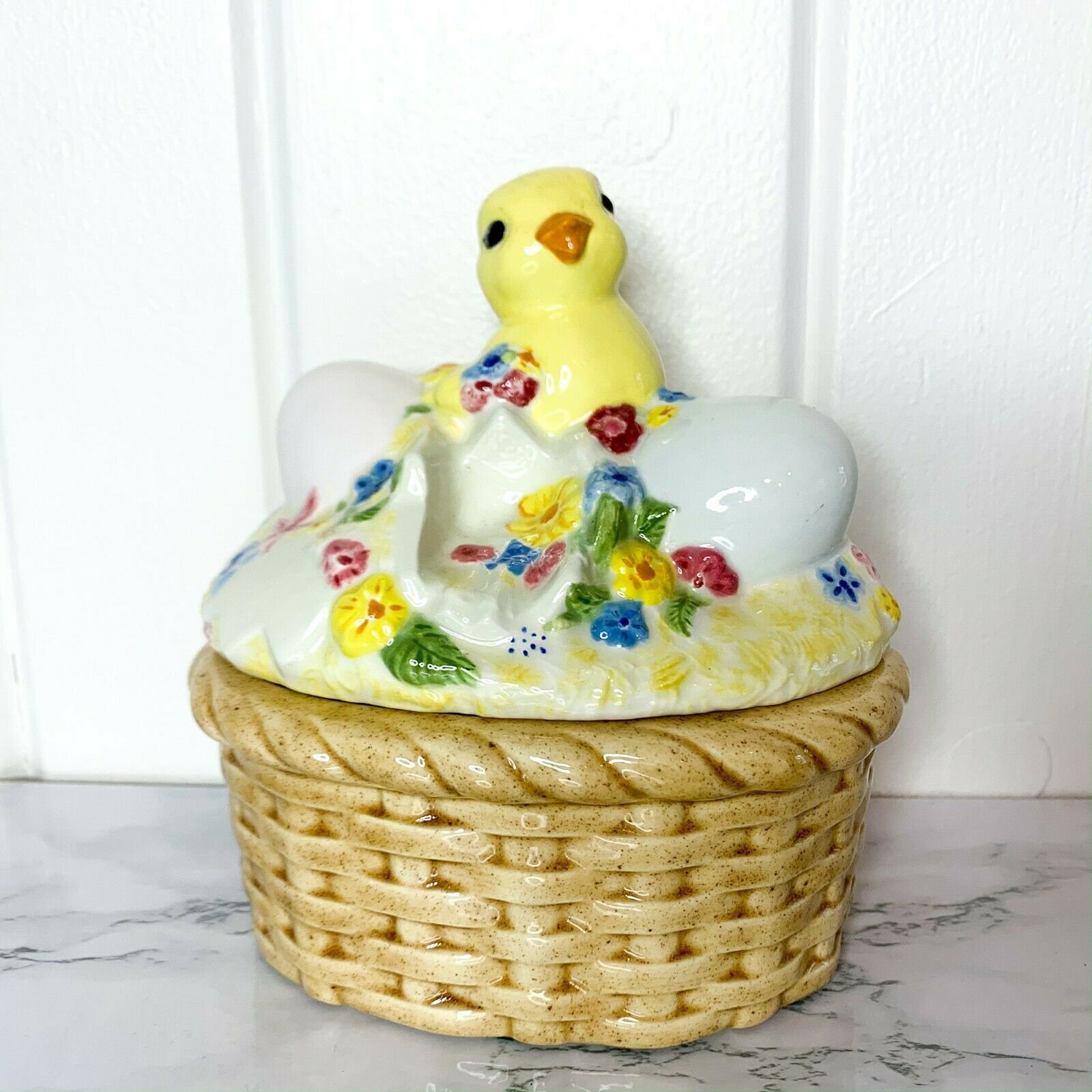 Vintage Ceramic Easter Basket Trinket Box Eggs Duck Duckling Etsy
