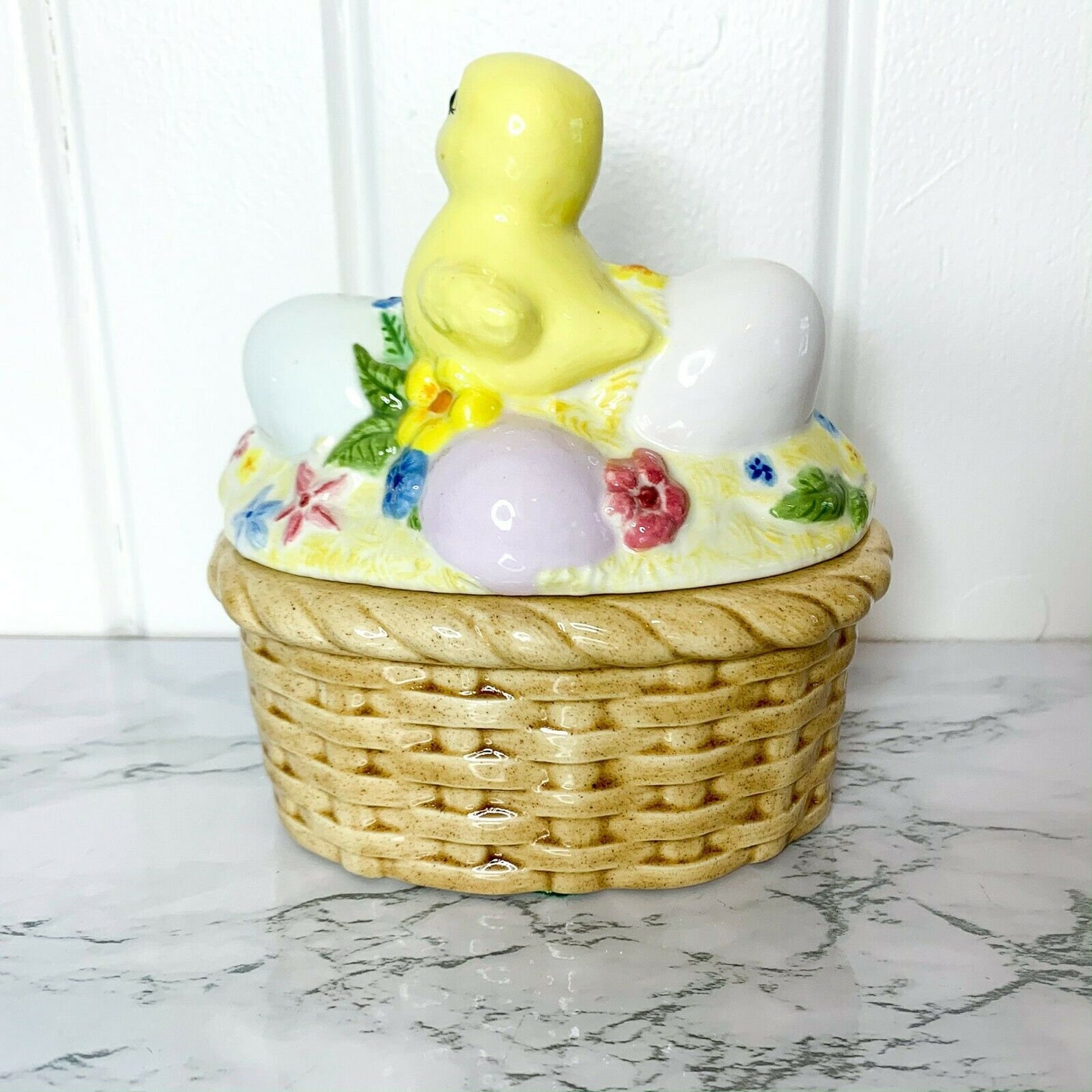 Vintage Ceramic Easter Basket Trinket Box Eggs Duck Duckling Etsy
