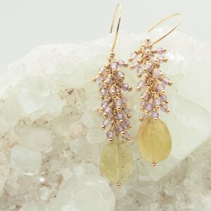 Natural peridot oval gemstone earrings with lavender amethyst layered accent stones