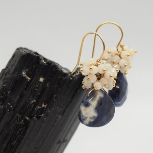 Sodalite and moonstone cluster drop earrings