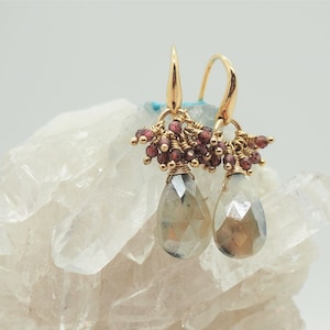 Selenite desert rose gypsum coated gemstones with strawberry quartz clusters dangle earrings