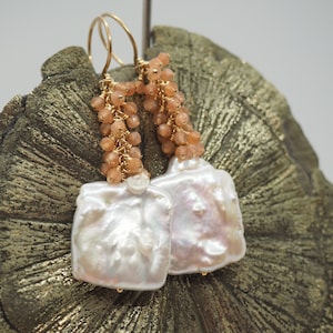 Large baroque freshwater pearls square drop earrings with sunstone layered clusters