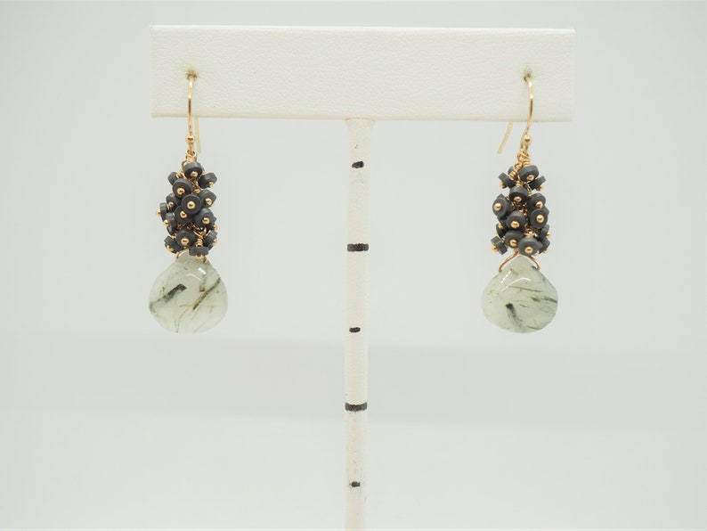 Tourmalinized quartz crystal and hematite clusters layered matte earrings
