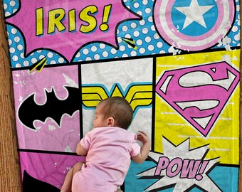 Personalized Girls Minky Blanket Newborn Crib Bedding Kids Name Blanket Superhero baby shower gift for baby girl