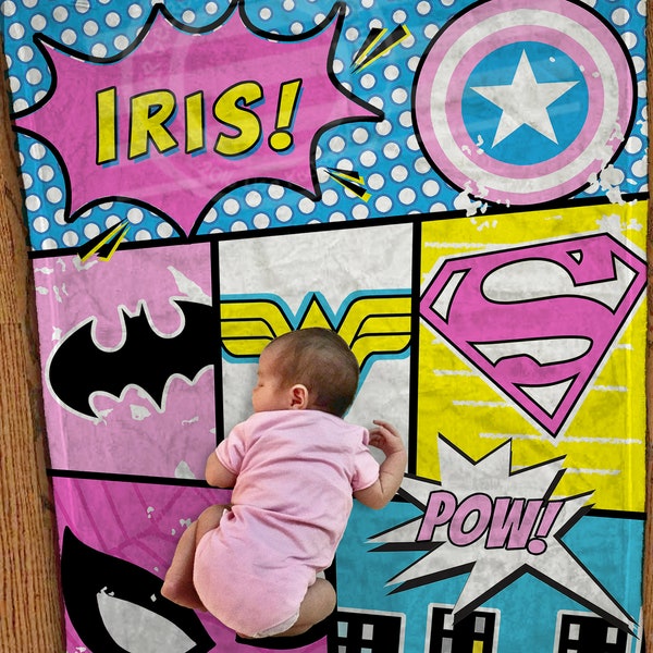 Personalized Girls Minky Blanket Newborn Crib Bedding Kids Name Blanket Superhero baby shower gift for baby girl