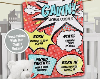 Manta personalizada de hito para bebé, manta de cuna de superhéroe para niños, regalo de estadísticas de nacimiento de bebé, manta con nombre de recién nacido, Minky para niños pequeños