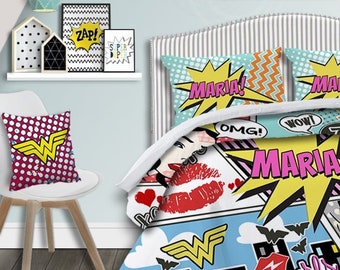 Personalized Girls Superhero Bedding Set Kids Comic Book Duvet Cover Kids Comforter Superhero bedroom Girls Queen Duvet Set Twin XL