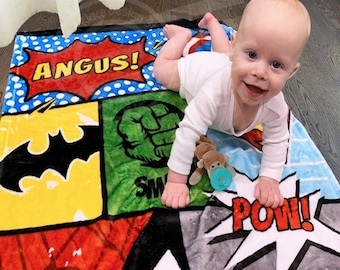 Boys Personalized Toddler Blanket Baby Milestone Photo Backdrop Superhero Crib Bedding Custom Baby Minky Kids Daycare Blanket