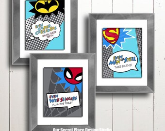 DIGITAL Superhero Bathroom Wall Art Kids Bathroom Signs Super hero Bathroom Rules Kids Bathroom Wall Art Comic Book Bathroom Kids Bath Art