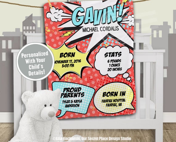 Personalized Baby Milestone Blanket Boys Superhero Crib Blanket Baby Birth Stats Gift Newborn Name Blanket Toddler Minky