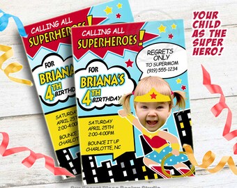 May include: A colorful invitation for a superhero-themed birthday party for Briana. The invitation features a cartoon image of Wonder Woman with a space for a photo. The text reads "Calling all superheroes! For Briana's 4th Birthday. Saturday, April 25th, 2:00-4:00PM. Bounce It Up, Charlotte, NC. Regrets Only to Supermom (919) 555-1234. Your child as the super hero!"