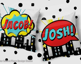 Kids Personalized Pillow Cover Boys Throw Pillow Kids Cushion Superhero Room Decor Kids Playroom Pillows Toddler Pillow Superhero Nursery