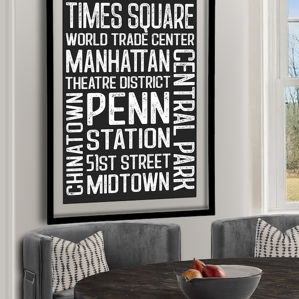 New York City Neighborhoods Subway Art Print NYC Transit Sign Canvas Wall Art Manhattan Times Square Points of Interest