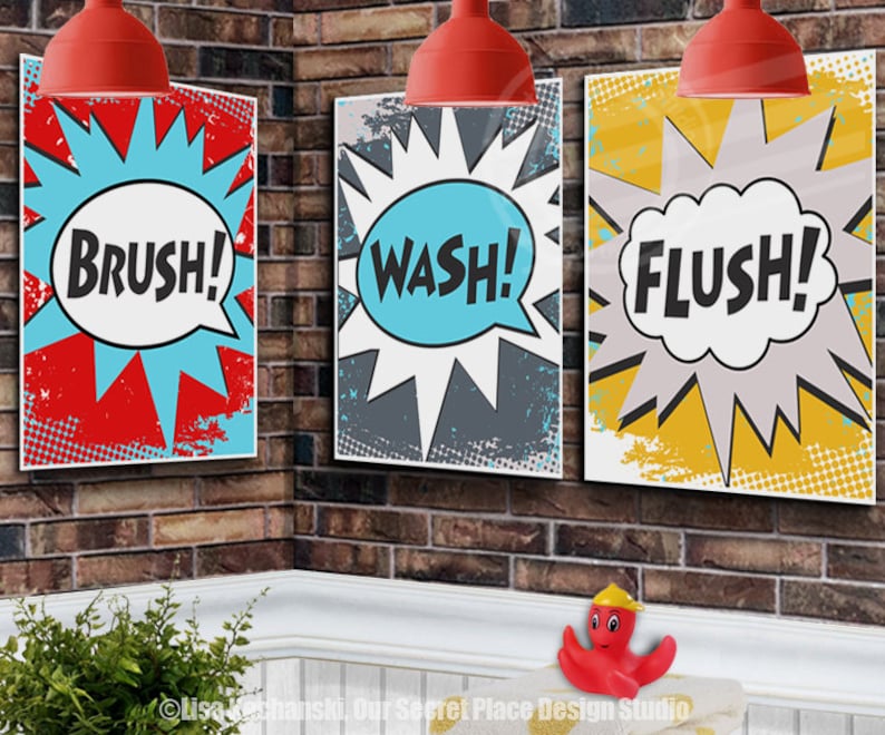 Superhero Bathroom Wall Art Kids Bathroom Wall Art Superhero Etsy UK