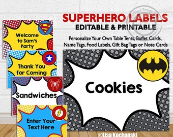 INSTANT DOWNLOAD Superhero Food Labels Superhero Gift Bag Labels Superhero Table Tents Superhero Buffet Card Comic Book Labels Super heroes