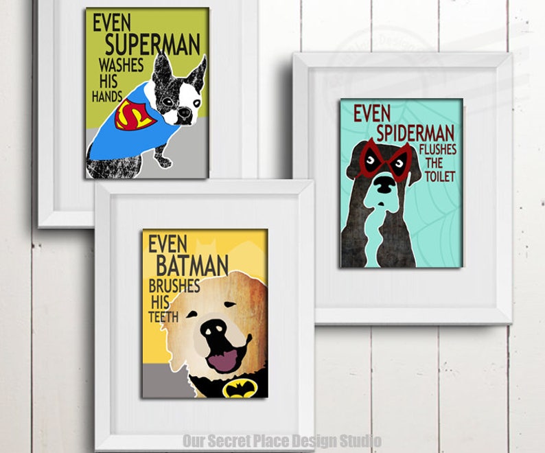 DIGITAL Superhero Bathroom Wall Art Superhero Bathroom Signs Superhero Bathroom Decor Kids Bathroom Wall Art Dog Bathroom Art Bathroom Rules image 1