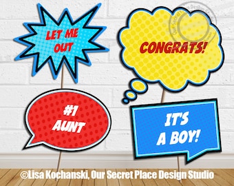 INSTANT DOWNLOAD Editable Superhero Signs Superhero Party Signs Editable Speech Bubbles Superhero Baby Shower Superhero decorations