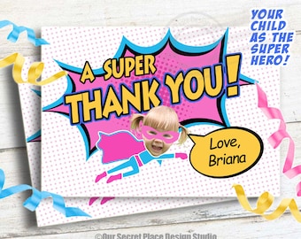 Kids Birthday Photo Thank You Girl Thank You Card Superhero Thank You Superhero birthday party Kids Digital Party Decorations