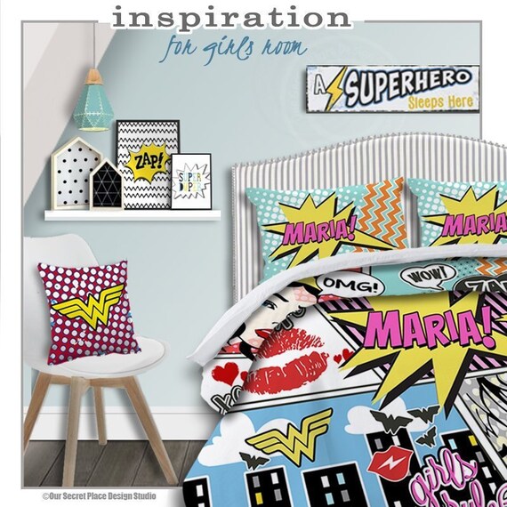 Girls Superhero Bedding Comic Book Bedding Superhero Comforter Personalized Girls Bedding Set Superhero Bedroom Decor Comic Book Room Decor