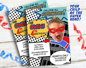 Kids Photo Birthday Invitation Superhero Birthday Invitation Superheroes Birthday Party Boys Birthday Invitation Second Birthday Invitations