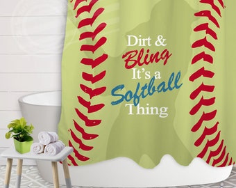 Girls Softball Shower Curtain Kids Bathroom Decor Dirt & Bling Its a Softball Thing Sports Theme Bathroom Sports Shower Curtain
