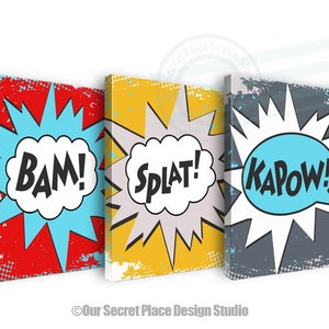 Bam Splat Kapow Superhero Canvas Wall Art for Boys Room Wall Art for Kids Superhero Decor for Boys Superhero Signs Playroom Signs for Boys