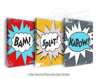 Bam Splat Kapow Superheld Leinwand Wandkunst für JungenZimmer Wandkunst für Kinder Superheld Dekor für Jungen Superheld Zeichen Playroom Schilder für Jungen