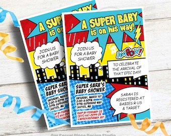 Digital Superhero Baby Shower Invitation Comic Book Baby Shower Announcement Super hero Baby Shower Superhero Baby Shower Invite