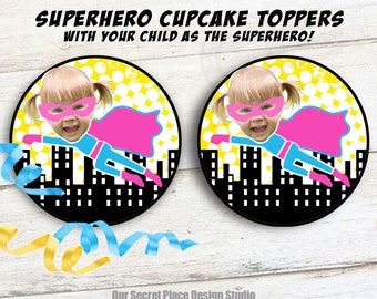 Photo Cupcake Toppers Photo Party Props Cake Topper Personalized Kids Party Decorations Superhero Birthday Party Super hero Theme Party